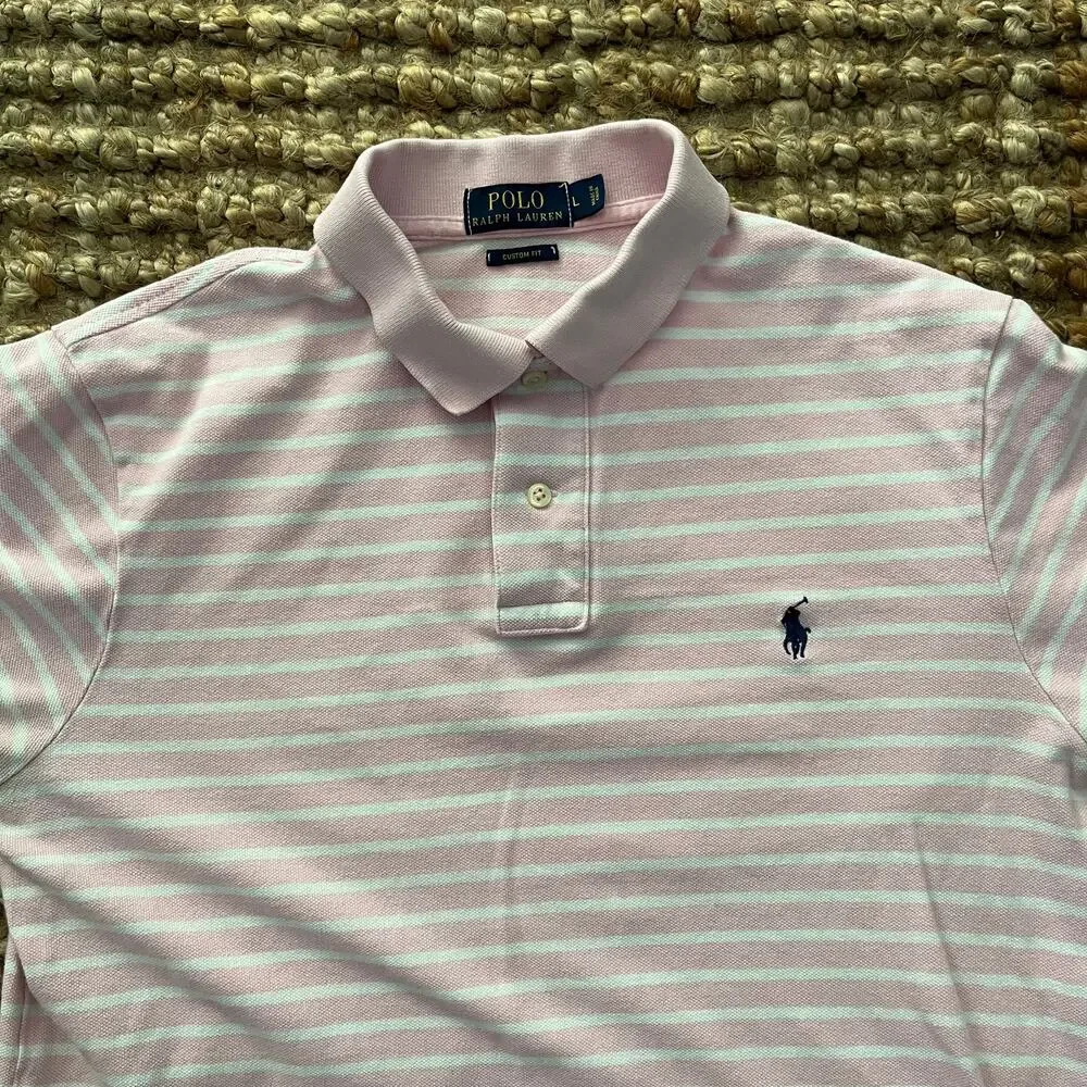 Polo Ralph Lauren Men’s L Custom Fit Pink White Stripe Cotton Polo Shirt Pony
